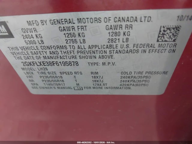 Aukcja sprzedaży 2015 Gmc Terrain Slt-1, vin: 2GKFLXE38F6195878, numer aukcji: 46262352