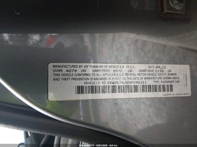 Aukcja sprzedaży 2011 Volkswagen Jetta 2.0l S, vin: 3VW2K7AJ6BM095311, numer aukcji: 46262370