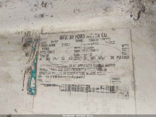 46262396 :رقم المزاد ، 1FTYR10D47PA88487 vin ، 2007 Ford Ranger Stx/xl/xlt مزاد بيع