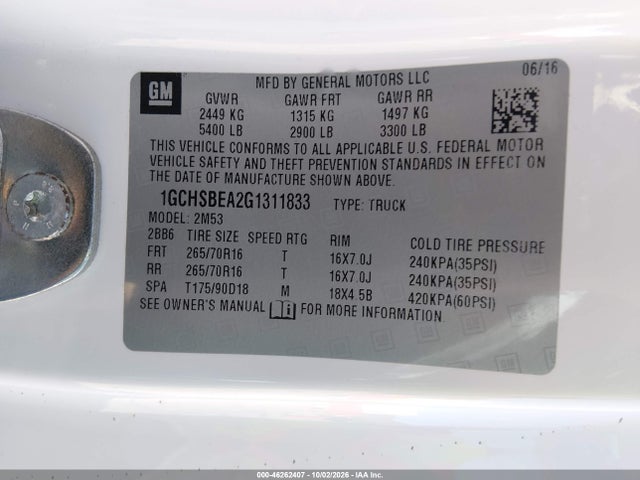 46262407 :رقم المزاد ، 1GCHSBEA2G1311833 vin ، 2016 Chevrolet Colorado Wt مزاد بيع