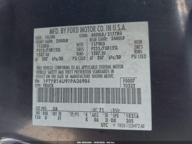 2001 Ford Ranger Edge/xl/xlt მანქანა იყიდება აუქციონზე, vin: 1FTYR14U91PA36984, აუქციონის ნომერი: 46262408