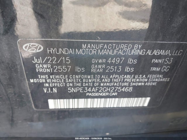 2016 Hyundai Sonata Sport მანქანა იყიდება აუქციონზე, vin: 5NPE34AF2GH275468, აუქციონის ნომერი: 46262409