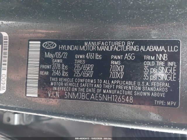 Aukcja sprzedaży 2022 Hyundai Tucson Sel, vin: 5NMJBCAE5NH126548, numer aukcji: 46262412