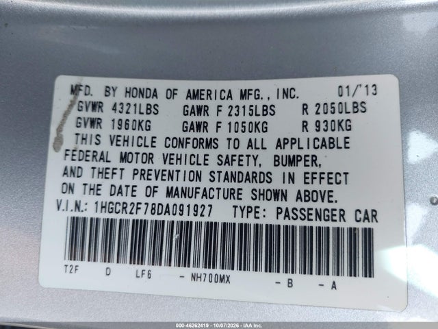 Продаж на аукціоні авто 2013 Honda Accord Ex, vin: 1HGCR2F78DA091927, номер лоту: 46262419