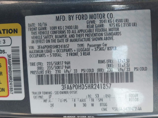 Ford FUSION SE 2017 3FA6P0HD5HR241857 Image 9