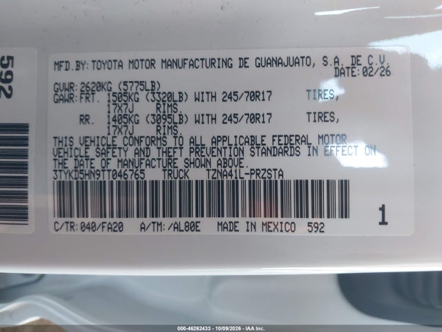 Продаж на аукціоні авто 2026 Toyota Tacoma Sr, vin: 3TYKD5HN9TT046765, номер лоту: 46262433
