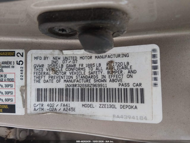 Продаж на аукціоні авто 2008 Toyota Corolla Ce, vin: 1NXBR32E68Z969911, номер лоту: 46262439