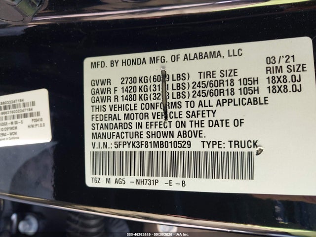 Продажа на аукционе авто 2021 Honda Ridgeline Black Edition, vin: 5FPYK3F81MB010529, номер лота: 46262449