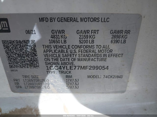 46262482 :رقم المزاد ، 1GC4YLE77MF299054 vin ، 2021 Chevrolet Silverado 2500hd 4wd  Long Bed Wt مزاد بيع