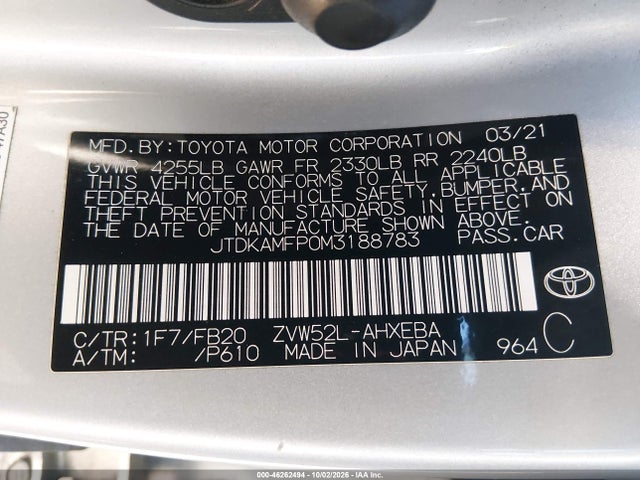 JTDKAMFP0M3188783 Toyota Prius Prime Le