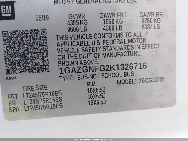 Aukcja sprzedaży 2019 Chevrolet Express 3500 Ls, vin: 1GAZGNFG2K1326716, numer aukcji: 46262506