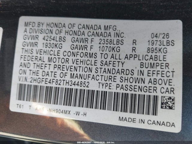 2HGFE4F82TH344852 Honda Civic Hybrid Sport/sport Touring