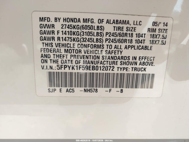 Aukcja sprzedaży 2014 Honda Ridgeline Rtl, vin: 5FPYK1F59EB012072, numer aukcji: 46262519