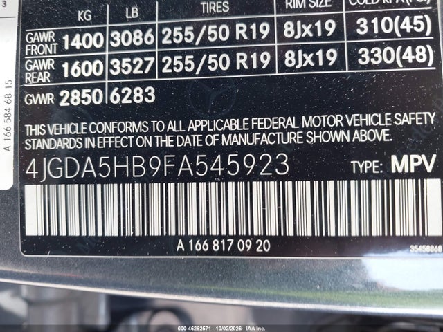Aukcja sprzedaży 2015 Mercedes-benz Ml 350 4matic, vin: 4JGDA5HB9FA545923, numer aukcji: 46262571