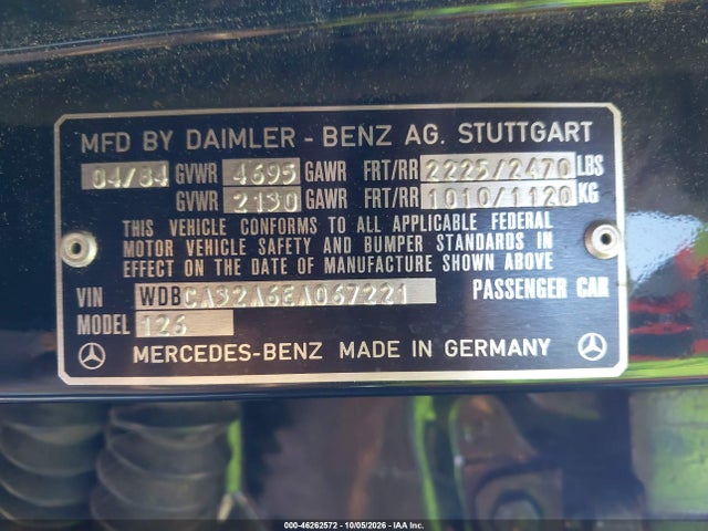 1984 Mercedes-benz 380 Se მანქანა იყიდება აუქციონზე, vin: WDBCA32A6EA067221, აუქციონის ნომერი: 46262572