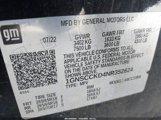 Продаж на аукціоні авто 2022 Chevrolet Suburban 2wd Lt, vin: 1GNSCCKD4NR352624, номер лоту: 46262594