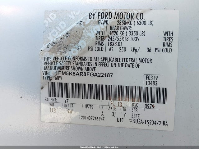 Aukcja sprzedaży 2015 Ford Utility Police Interceptor, vin: 1FM5K8AR8FGA22187, numer aukcji: 46262604