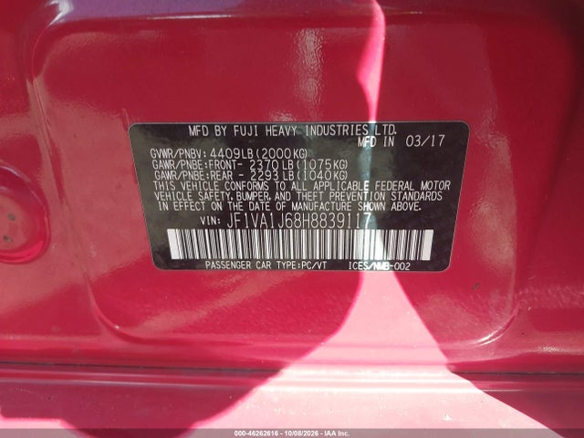 46262616 :رقم المزاد ، JF1VA1J68H8839117 vin ، 2017 Subaru Wrx Limited مزاد بيع