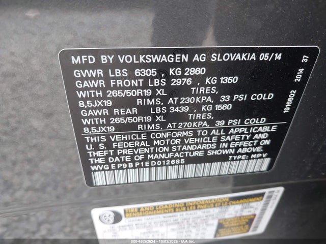 Aukcja sprzedaży 2014 Volkswagen Touareg Tdi Lux, vin: WVGEP9BP1ED012685, numer aukcji: 46262624