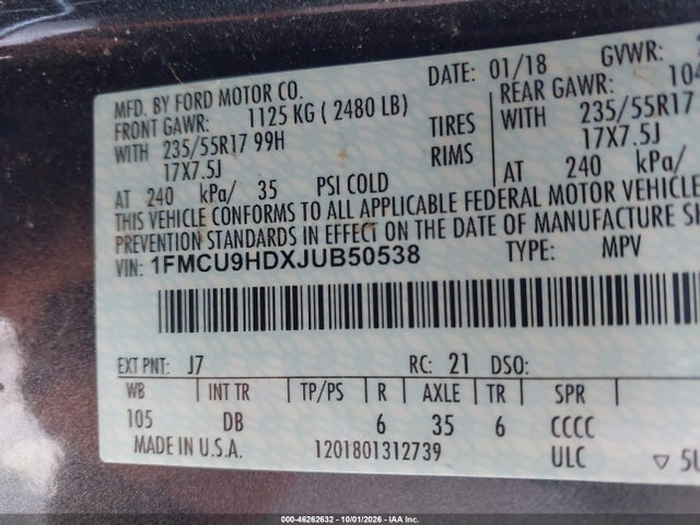 2018 Ford Escape Sel მანქანა იყიდება აუქციონზე, vin: 1FMCU9HDXJUB50538, აუქციონის ნომერი: 46262632