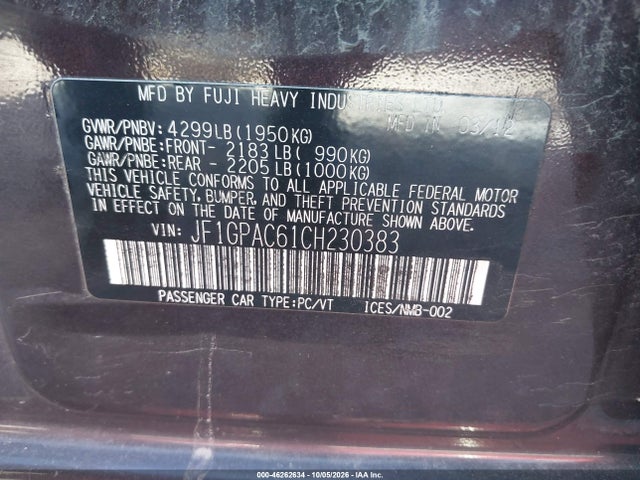 Aukcja sprzedaży 2012 Subaru Impreza 2.0i Premium, vin: JF1GPAC61CH230383, numer aukcji: 46262634
