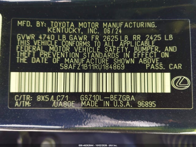 Aukcja sprzedaży 2024 Lexus Es 350 Ultra Luxury, vin: 58AFZ1B11RU184869, numer aukcji: 46262644