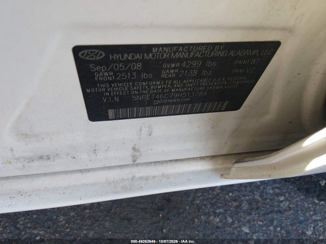 2009 Hyundai Sonata Gls მანქანა იყიდება აუქციონზე, vin: 5NPET46C79H513784, აუქციონის ნომერი: 46262646