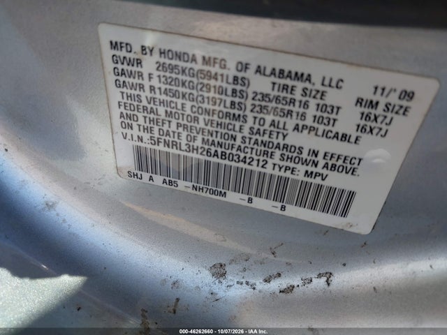 2010 Honda Odyssey Lx მანქანა იყიდება აუქციონზე, vin: 5FNRL3H26AB034212, აუქციონის ნომერი: 46262660