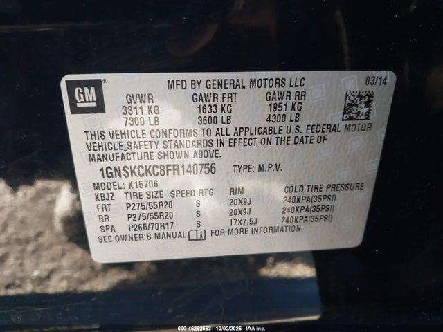 Aukcja sprzedaży 2015 Chevrolet Tahoe Ltz, vin: 1GNSKCKC8FR140756, numer aukcji: 46262663