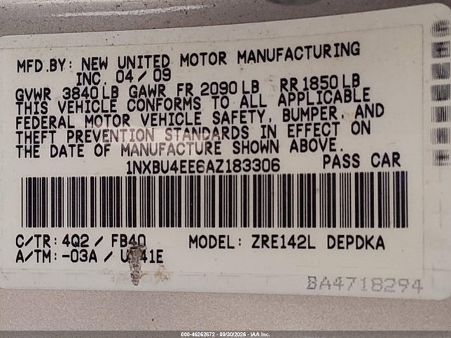 Продаж на аукціоні авто 2010 Toyota Corolla, vin: 1NXBU4EE6AZ183306, номер лоту: 46262672