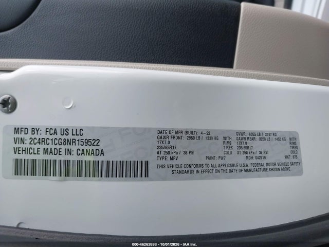 Aukcja sprzedaży 2022 Chrysler Voyager Lx, vin: 2C4RC1CG8NR159522, numer aukcji: 46262698