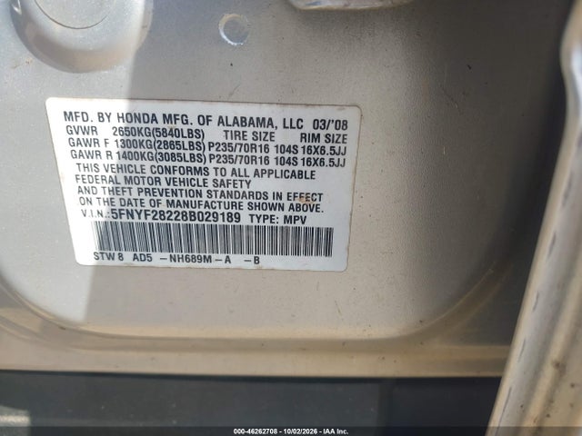 Aukcja sprzedaży 2008 Honda Pilot Vp, vin: 5FNYF28228B029189, numer aukcji: 46262708