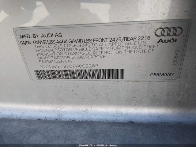 2006 Audi A3 2.0t მანქანა იყიდება აუქციონზე, vin: WAUMF78P06A002289, აუქციონის ნომერი: 46262721