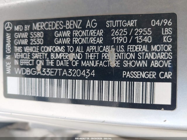 Aukcja sprzedaży 1996 Mercedes-benz S 320, vin: WDBGA33E7TA320434, numer aukcji: 46262728