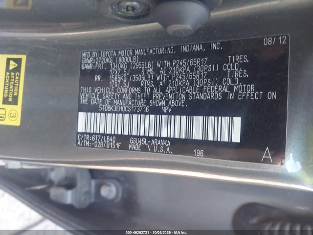 46262731 :رقم المزاد ، 5TDBK3EH0CS173716 vin ، 2012 Toyota Highlander Se V6 مزاد بيع