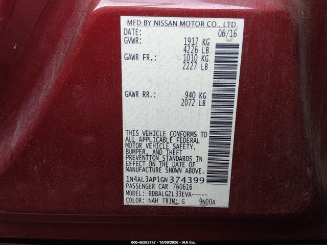 46262747 :رقم المزاد ، 1N4AL3AP1GN374399 vin ، 2016 Nissan Altima 2.5/2.5 S/2.5 Sl/2.5 Sr/2.5 Sv مزاد بيع