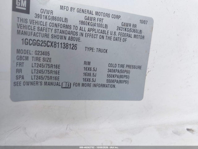 Aukcja sprzedaży 2008 Chevrolet Express Work Van, vin: 1GCGG25CX81138126, numer aukcji: 46262752