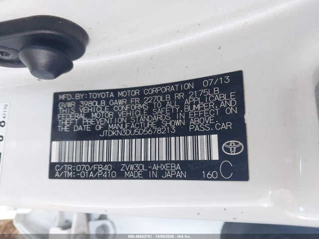 46262761 :رقم المزاد ، JTDKN3DU5D5678213 vin ، 2013 Toyota Prius Two مزاد بيع