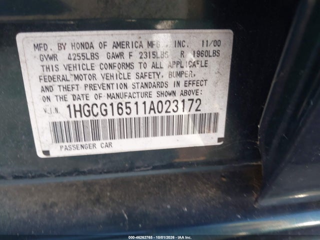 Aukcja sprzedaży 2001 Honda Accord 3.0 Ex, vin: 1HGCG16511A023172, numer aukcji: 46262765