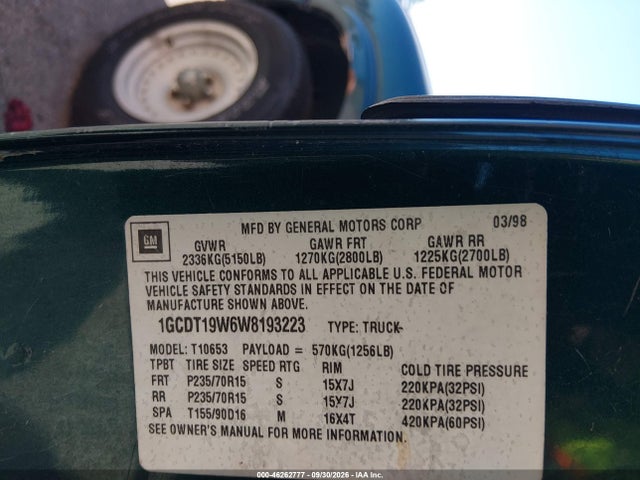 46262777 :رقم المزاد ، 1GCDT19W6W8193223 vin ، 1998 Chevrolet S-10 Ls مزاد بيع