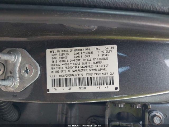 46262811 :رقم المزاد ، 1HGCP2F38AA120874 vin ، 2010 Honda Accord 2.4 Lx مزاد بيع
