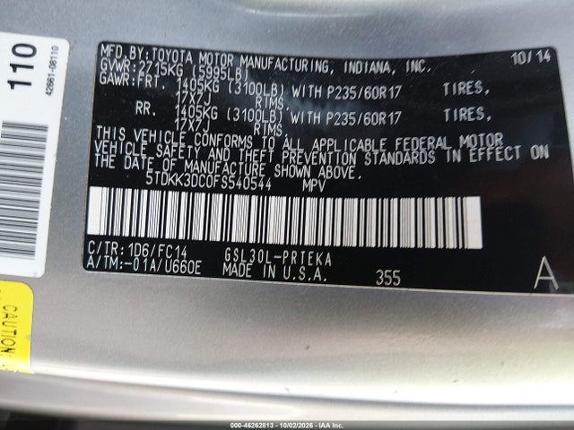Продаж на аукціоні авто 2015 Toyota Sienna Le 8 Passenger, vin: 5TDKK3DC0FS540544, номер лоту: 46262813