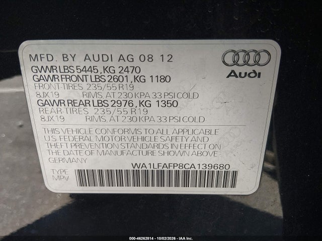 Aukcja sprzedaży 2012 Audi Q5 2.0t Premium, vin: WA1LFAFP8CA139680, numer aukcji: 46262814