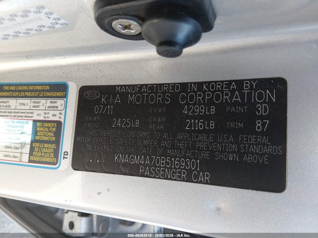 46262816 :رقم المزاد ، KNAGM4A70B5169301 vin ، 2011 Kia Optima Lx مزاد بيع