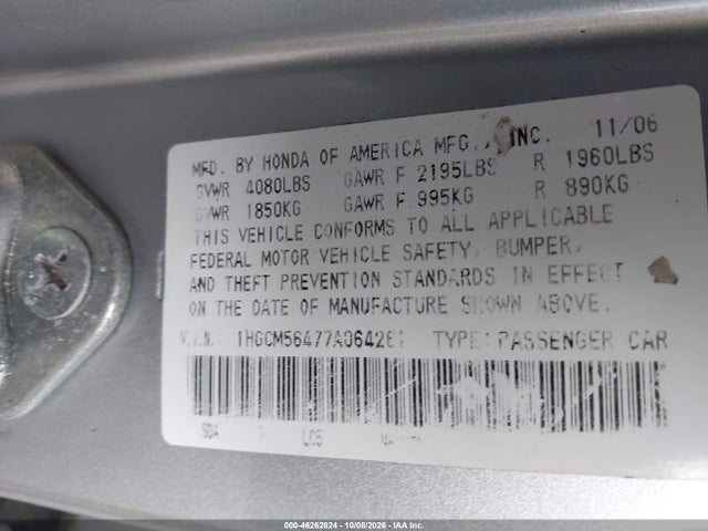 Aukcja sprzedaży 2007 Honda Accord 2.4 Lx, vin: 1HGCM56477A064261, numer aukcji: 46262824