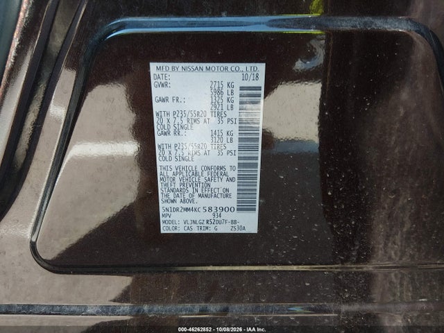 46262852 :رقم المزاد ، 5N1DR2MM4KC583900 vin ، 2019 Nissan Pathfinder Sl مزاد بيع