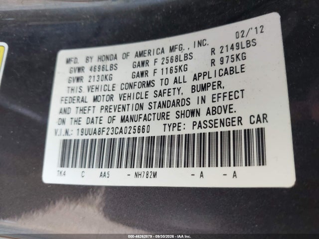 Aukcja sprzedaży 2012 Acura Tl 3.5, vin: 19UUA8F23CA025660, numer aukcji: 46262879