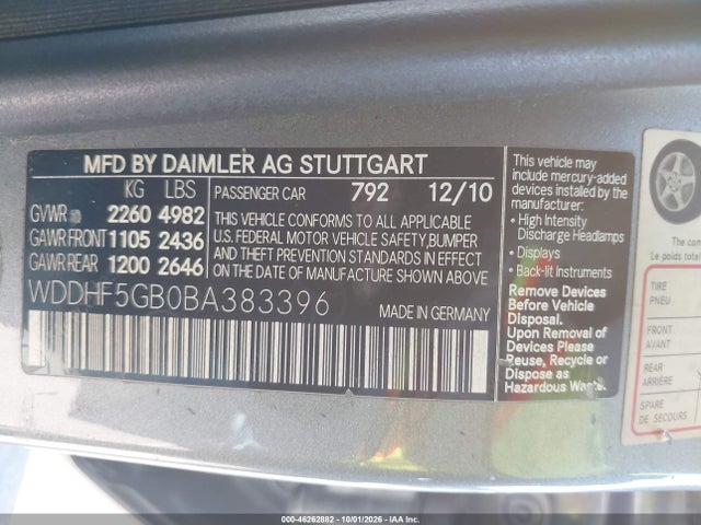 Продаж на аукціоні авто 2011 Mercedes-benz E 350, vin: WDDHF5GB0BA383396, номер лоту: 46262882