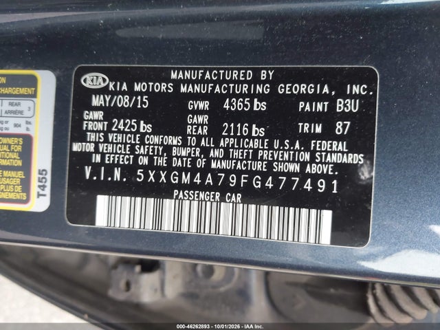 46262893 :رقم المزاد ، 5XXGM4A79FG477491 vin ، 2015 Kia Optima Lx مزاد بيع