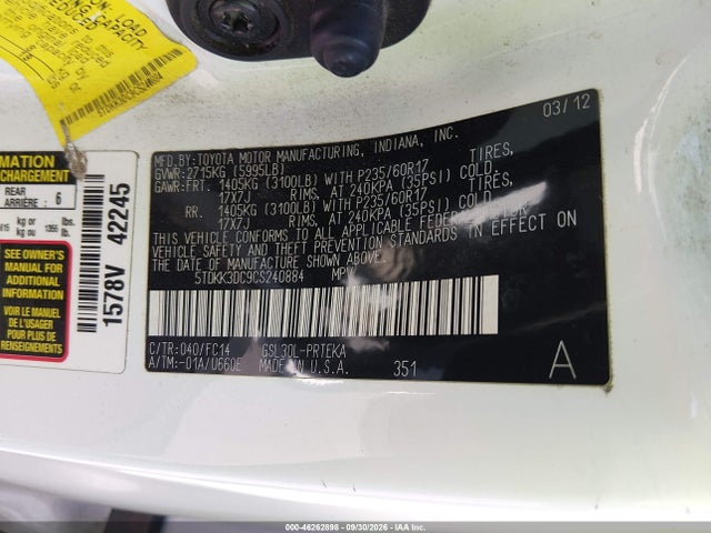 Aukcja sprzedaży 2012 Toyota Sienna Le V6 8 Passenger, vin: 5TDKK3DC9CS240884, numer aukcji: 46262898
